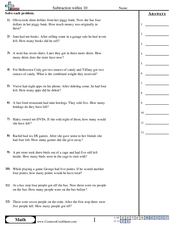 Subtraction Worksheets - Word Subtraction Within 10 worksheet